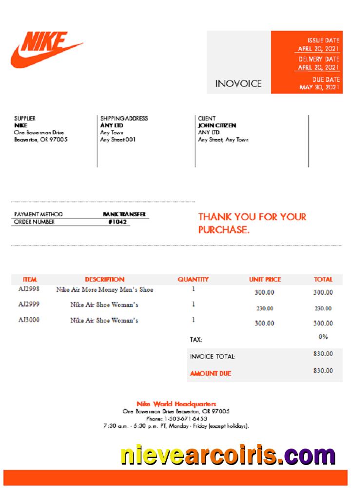 USA Nike invoice
